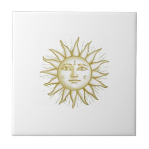 Celestial Sun with Face Gold and White Ceramic Tile