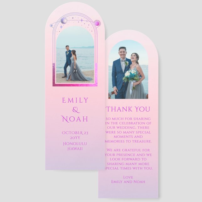 Celestial Sunset Pink Photo Wedding Thank You Bookmarks (Front & Back)