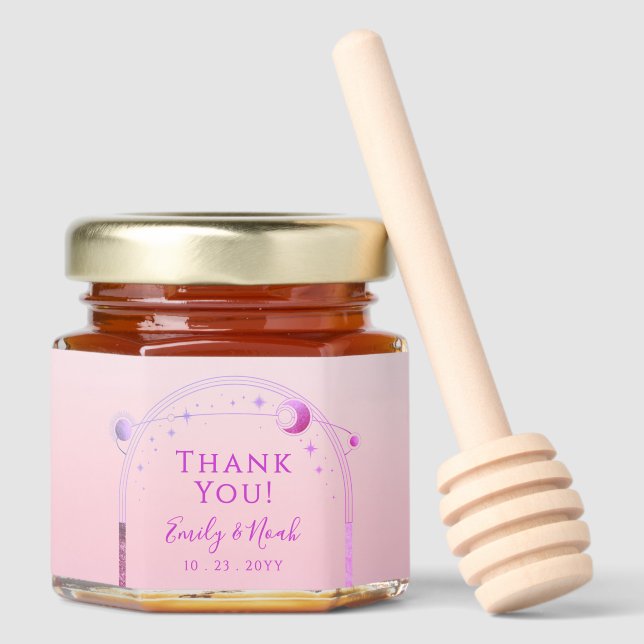 Celestial Sunset Pink Sun Moon Stars Wedding Honey Jar Favors (Front)