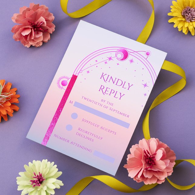 Celestial Sunset Pink Sun Moon Stars Wedding RSVP Card (Creator Uploaded)