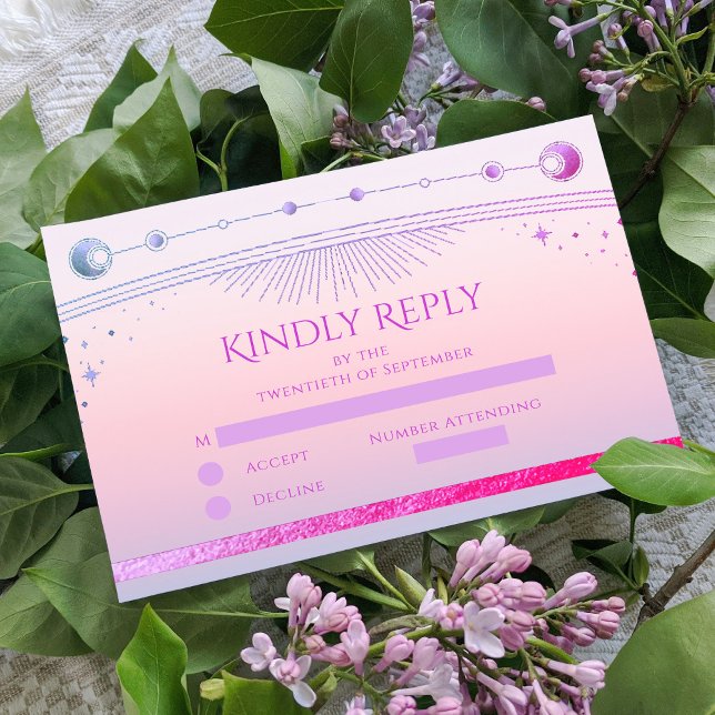 Celestial Sunset Pink Sun Moon Stars Wedding RSVP Card (Creator Uploaded)