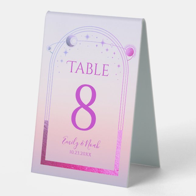 Celestial Sunset Pink Sun Moon Stars Wedding Table Tent (Front)