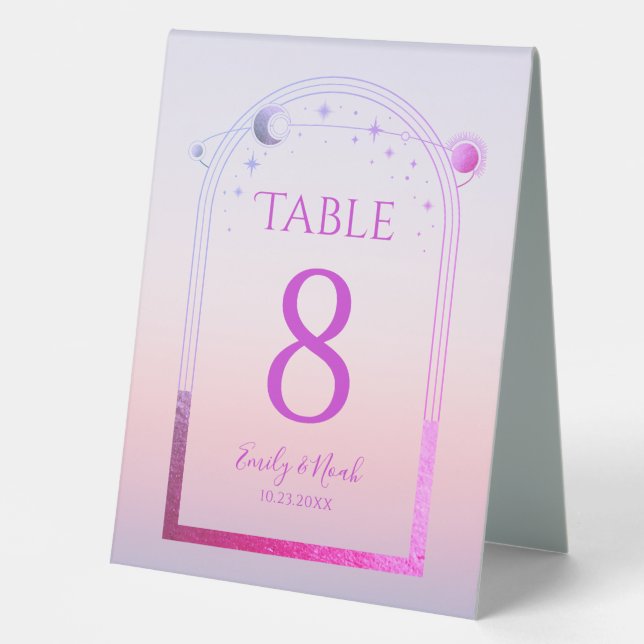 Celestial Sunset Pink Sun Moon Stars Wedding Table Tent (Front)