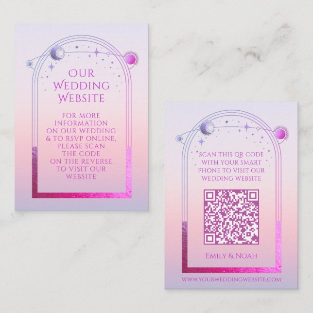 Celestial Sunset Pink Wedding Website QR Code RSVP Enclosure Card (Front/Back)
