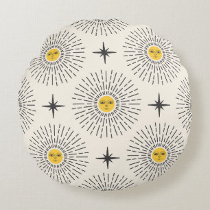 Celestial Sunshine Vintage Pattern Round Pillow