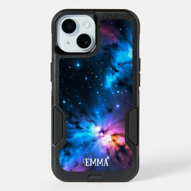 Celestial Swirls of Stars Custom Name iPhone 15 Case (Back)