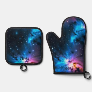 Celestial Swirls of Stars Custom Name Oven Mitt & Pot Holder Set