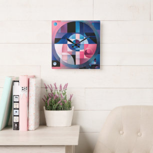 Celestial Symmetry: Geometric Shapes Blues & Pink Square Wall Clock