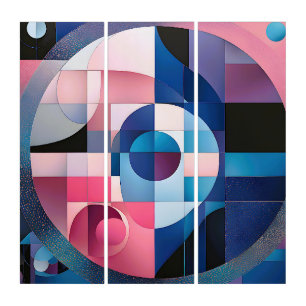 Celestial Symmetry: Geometric Shapes Blues & Pink Triptych