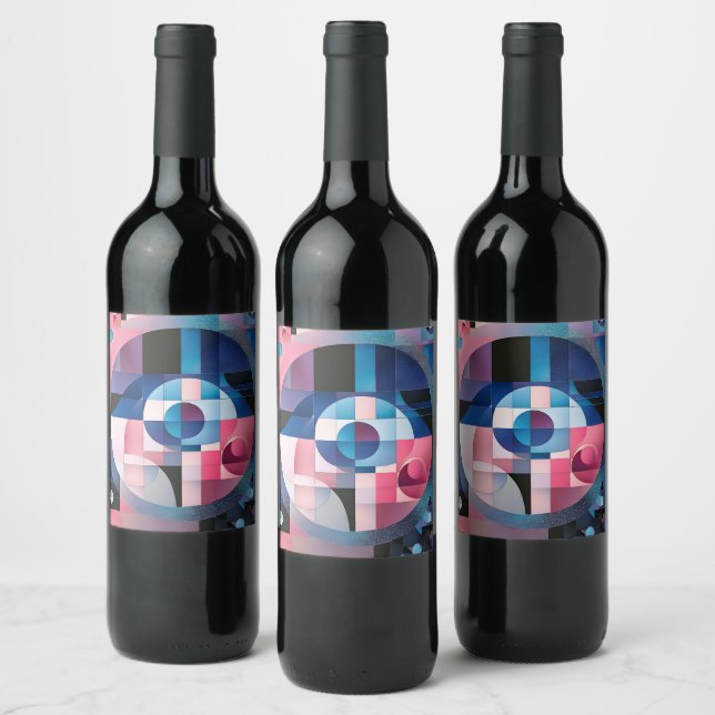 Celestial Symmetry: Geometric Shapes Blues & Pink Wine Label (Bottles)
