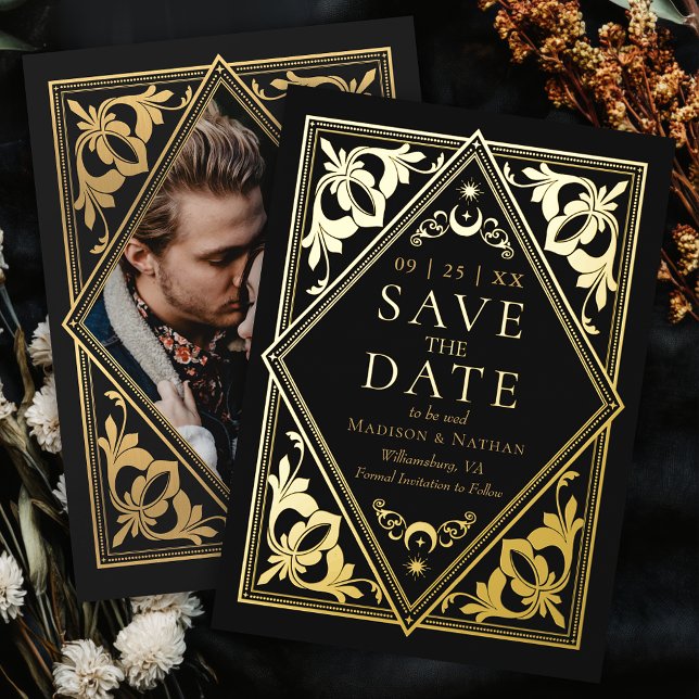 Celestial Tarot Gothic Wedding Photo Save the Date Foil Invitation (Creator Uploaded)