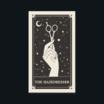 Celestial Tarot Hairdresser Black Business card<br><div class="desc">This business card features a tarot card style design in a black and cream colour palette. The illustration shows a hand holding hairdressing scissors surrounded by twinkling stars. This would be perfect for any hairdresser or stylist who prefers an alternative style business card and wants to make their business card...</div>