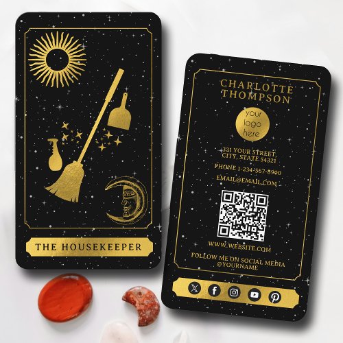 Celestial Tarot Logo Black Gold Cleaning Maid Business Card