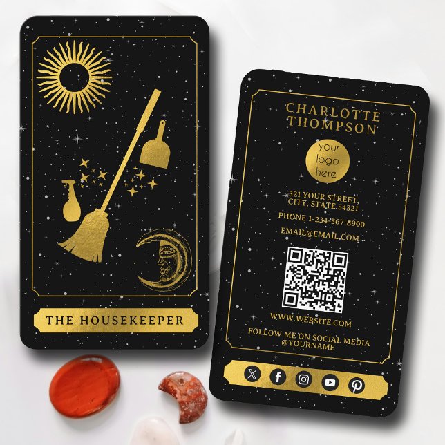 Celestial Tarot Logo Black Gold Cleaning Maid Business Card (Celestial Tarot Logo Black Gold Cleaning Maid Business Card)