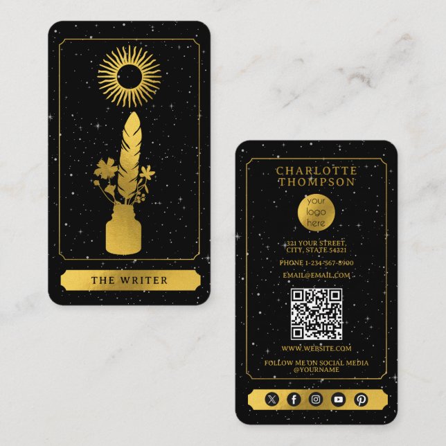 Celestial Tarot Logo Black Gold Writer Author Business Card (Front/Back)
