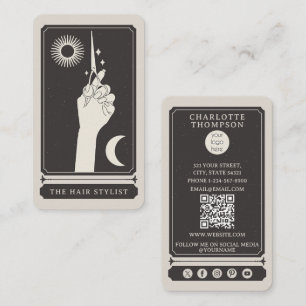 Celestial Tarot Logo Hairdresser Black Beige Boho Business Card