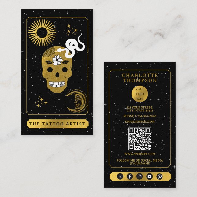 Celestial Tarot Logo Tattoo Artist Black Gold  Business Card (Front/Back)