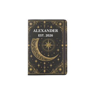 Celestial Tarot Moon Gold Custom Name Leather Passport Holder