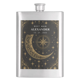 Celestial Tarot Moon Gold Groomsmen Matte Black Flask