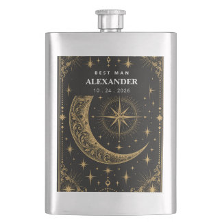 Celestial Tarot Moon Gold Groomsmen Matte Black Flask