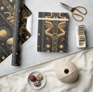 Celestial Tarot Moon Phases with Golden Snakes Wrapping Paper