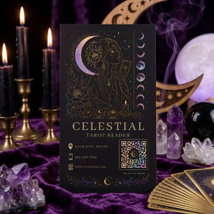 Celestial Tarot Reader Luxury Black Gold QR Business Card