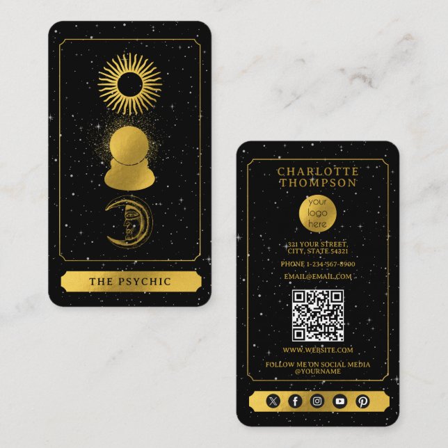 Celestial Tarot Reader Psychic Ball Gold Black Business Card (Front/Back)