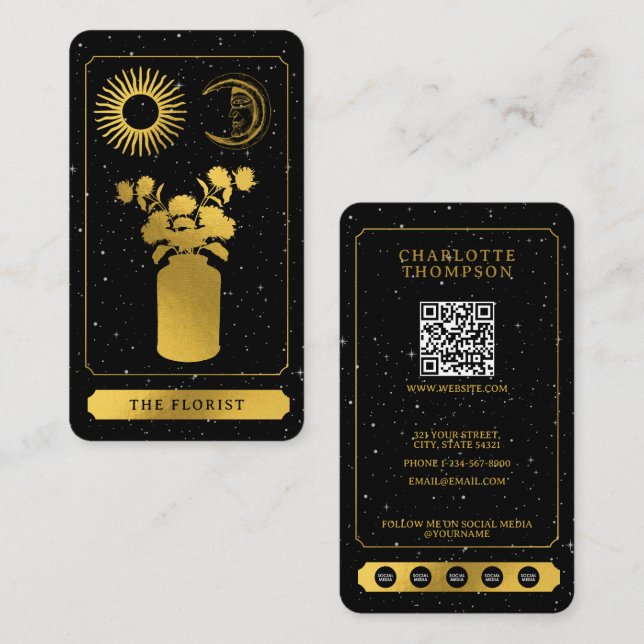 Celestial Tarot Sun Moon Florist Floral Gold Business Card (Front/Back)