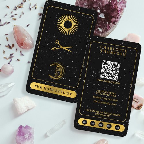 Celestial Tarot Sun Moon Hairdresser Black Gold  Business Card