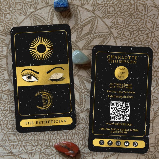 Celestial Tarot Sun Moon Makeup Artist Black Gold  Business Card (Celestial Tarot Sun Moon Makeup Artist Black Gold Business Card)