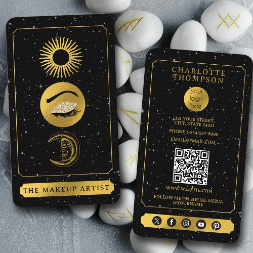 Celestial Tarot Sun Moon Makeup Artist Black Gold Business Card