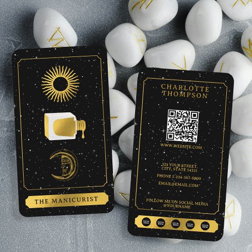 Celestial Tarot Sun Moon Nail Salon Black Gold  Business Card