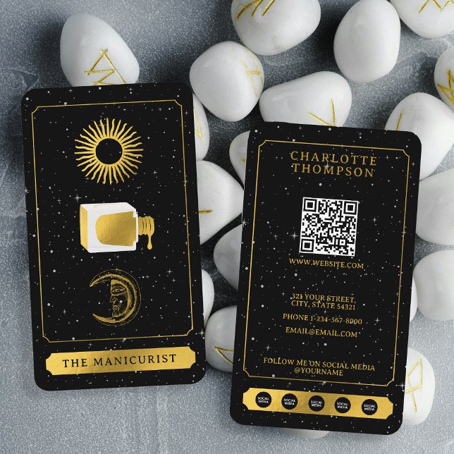 Celestial Tarot Sun Moon Nail Salon Black Gold  Business Card (Celestial Tarot Sun Moon Nail Salon Black Gold Business Card)