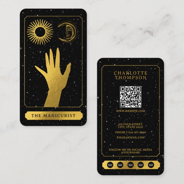 Celestial Tarot Sun Moon Nail Technician Gold Business Card (Front/Back)