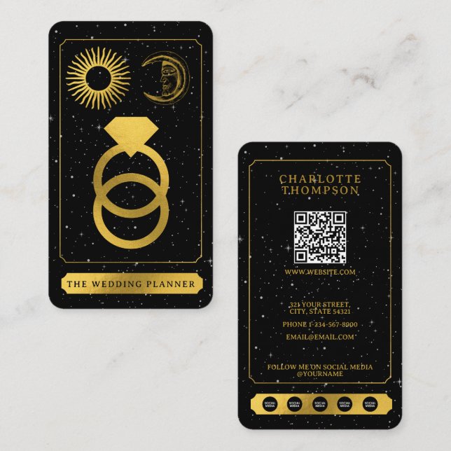 Celestial Tarot Sun Moon Wedding Planner Gold Business Card (Front/Back)