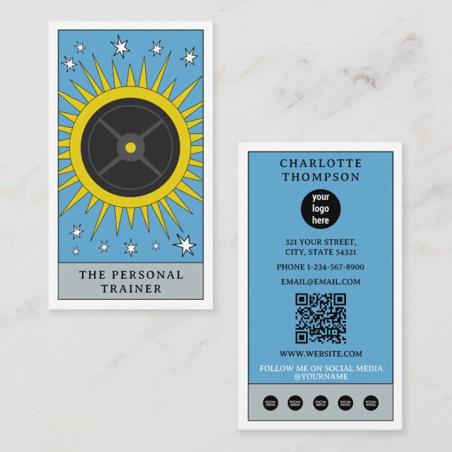 Celestial Tarot Sun Personal Trainer Weights Logo Business Card (Front/Back)
