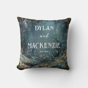 Celestial Teal Gold Starry Night Marbled Wave Throw Pillow