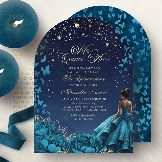 Celestial Teal Stars Flowers Dress Quinceanera Invitation (Creator Uploaded)