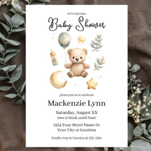 Celestial Teddy Bear Watercolor Baby Shower Invitation