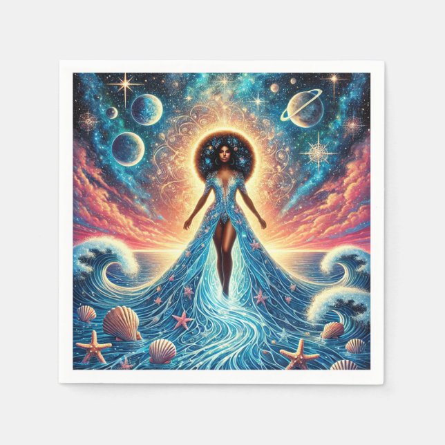 Celestial Tide: Goddess of the Ocean and Stars" Napkins (Front)