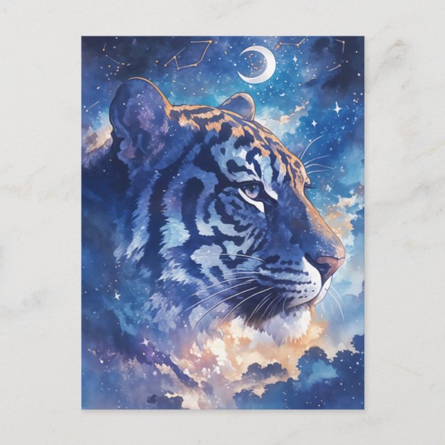 Celestial Tiger Portrait in Midnight Clouds Postcard (Front)