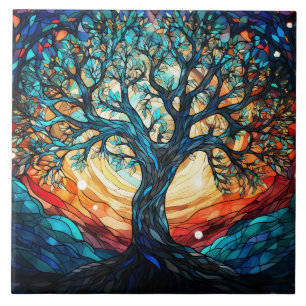 Celestial Tree Stained Glass Ceramic Tile