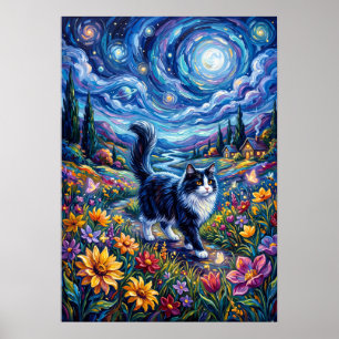 Celestial Tuxedo Cat Van Gogh Inspired Flower Poster