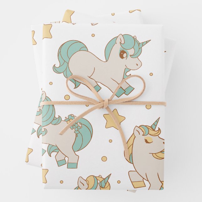Celestial Unicorns & Stars Pattern Wrapping Paper Sheets (In situ)