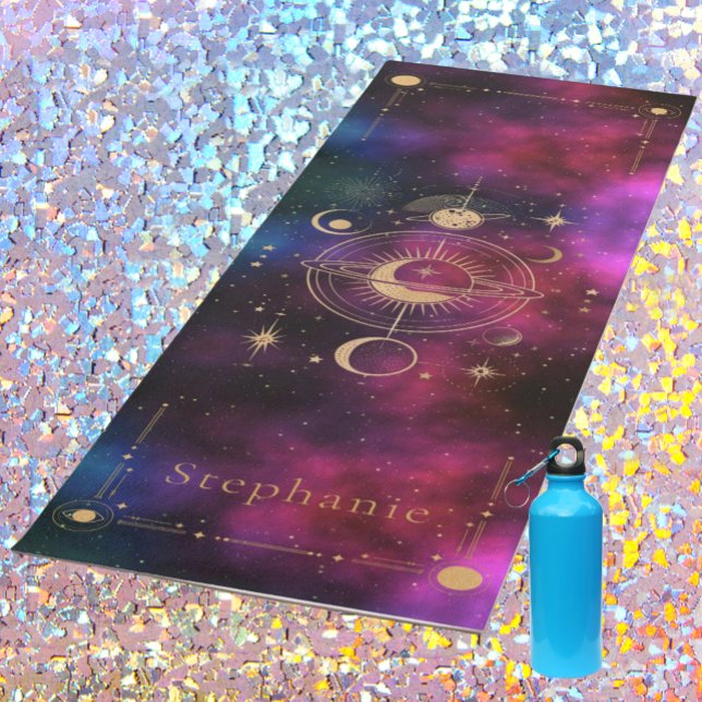 Celestial Universe Monogram Gold Glitter Burgundy Yoga Mat (Celestial Gold Universe Yoga Mat)