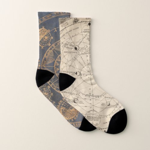 Celestial Vintage Map Pattern Mismatched Socks