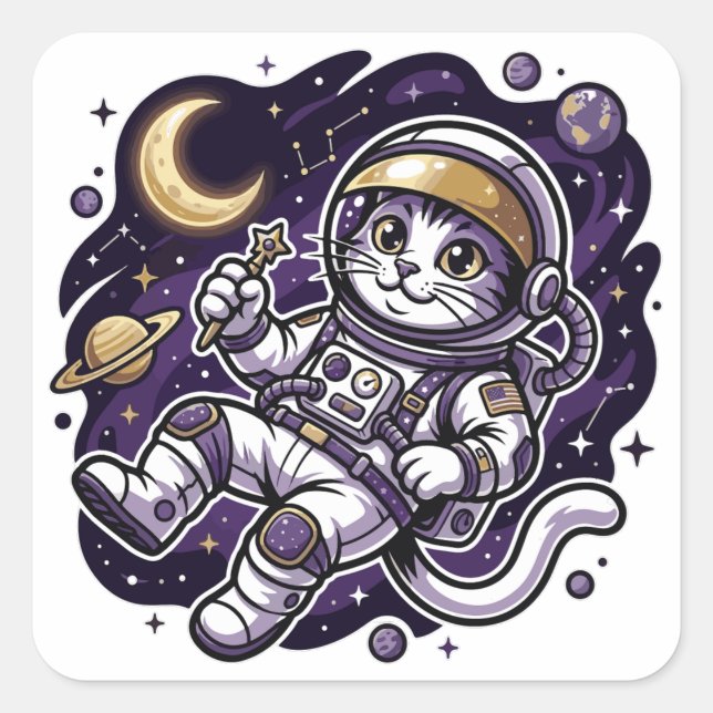 Celestial Voyager: Purple Astronaut Cat Space Masc Square Sticker (Front)