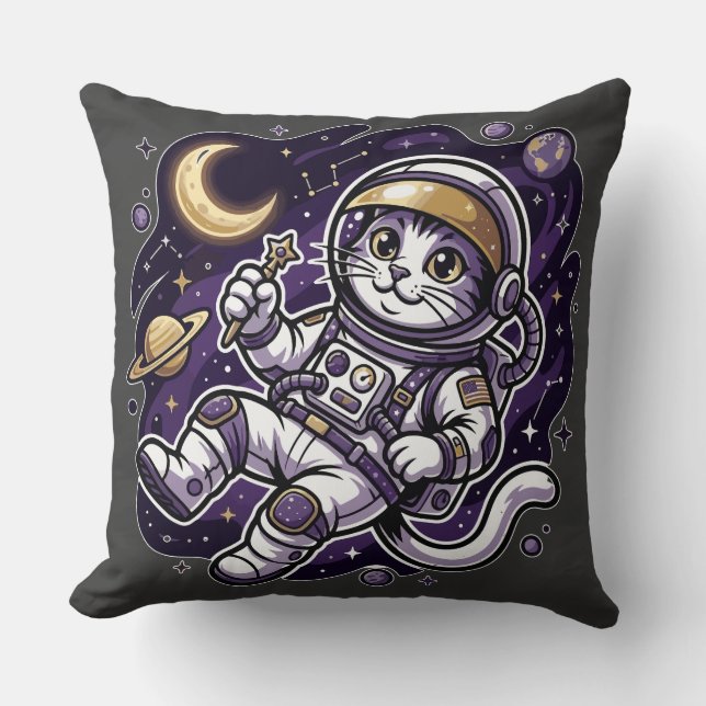 Celestial Voyager: Purple Astronaut Cat Space Masc Throw Pillow (Front)