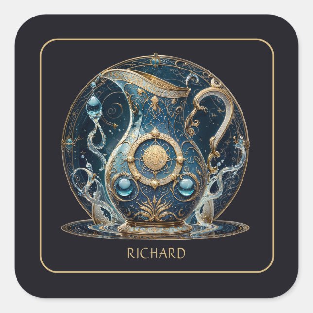 Celestial Water Bearer Zodiac Black Gold Aquarius Square Sticker (Front)