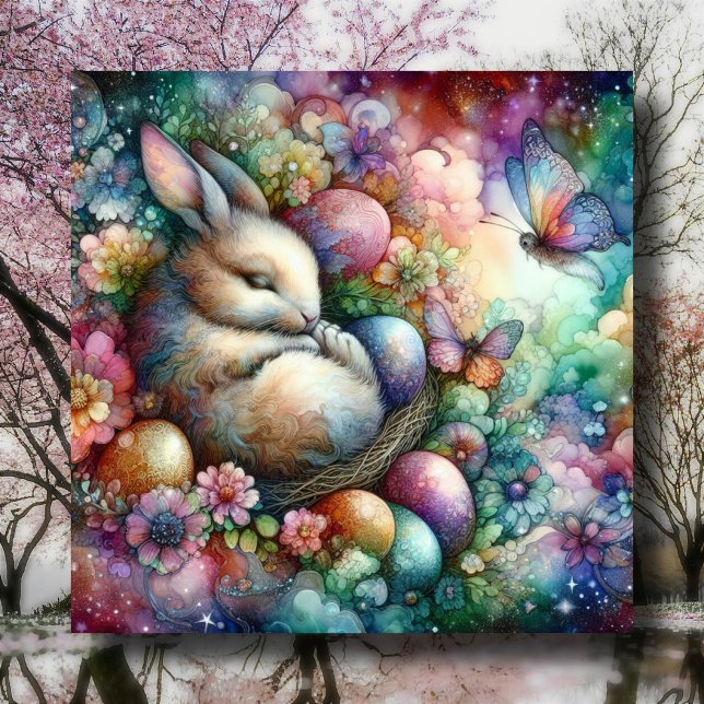 Celestial Watercolor Bunny Easter Egg Christian  Holiday Card (Creator Uploaded)